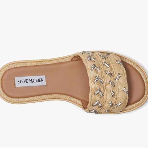 Steve Madden Alibi Rhinestone Slide Sandal- Natural Raffia - Picture 3 of 14